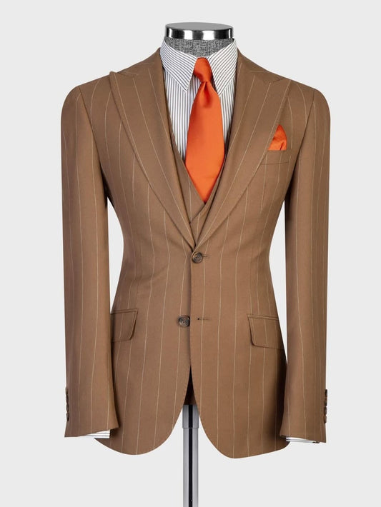 Brown Striped 2-button 3-Piece Business Suit for Men