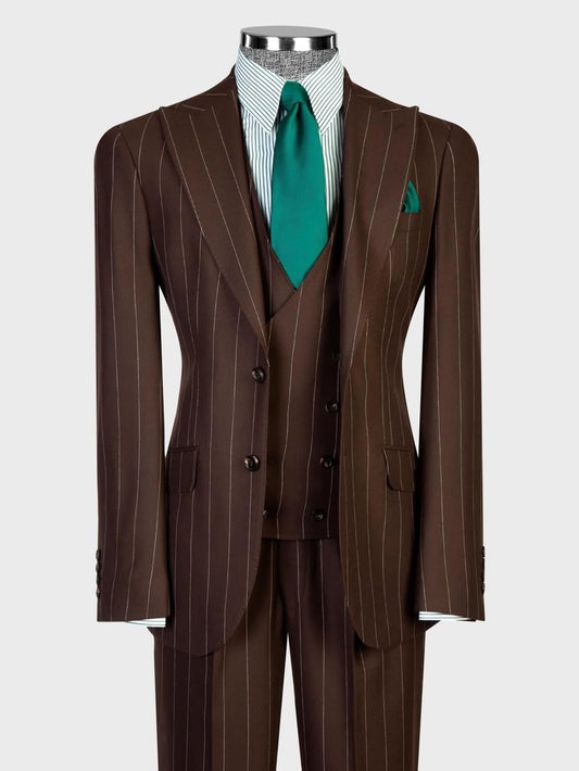 Dark Brown Striped 2-button 3-Piece Business Suit for Men