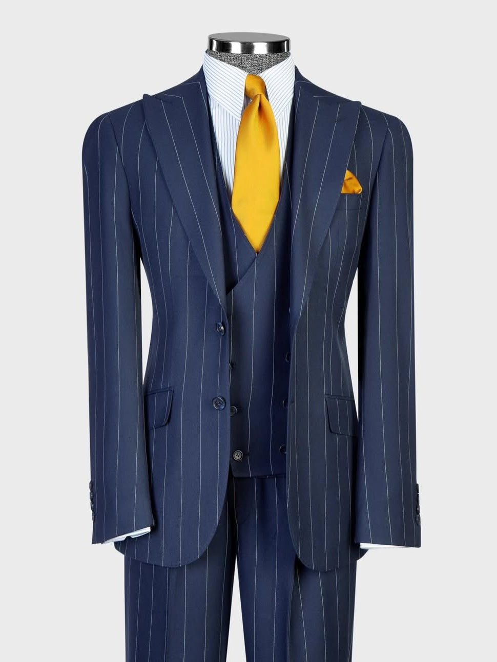Blue Striped 3 Piece Peak Lapel Single-breasted Suit