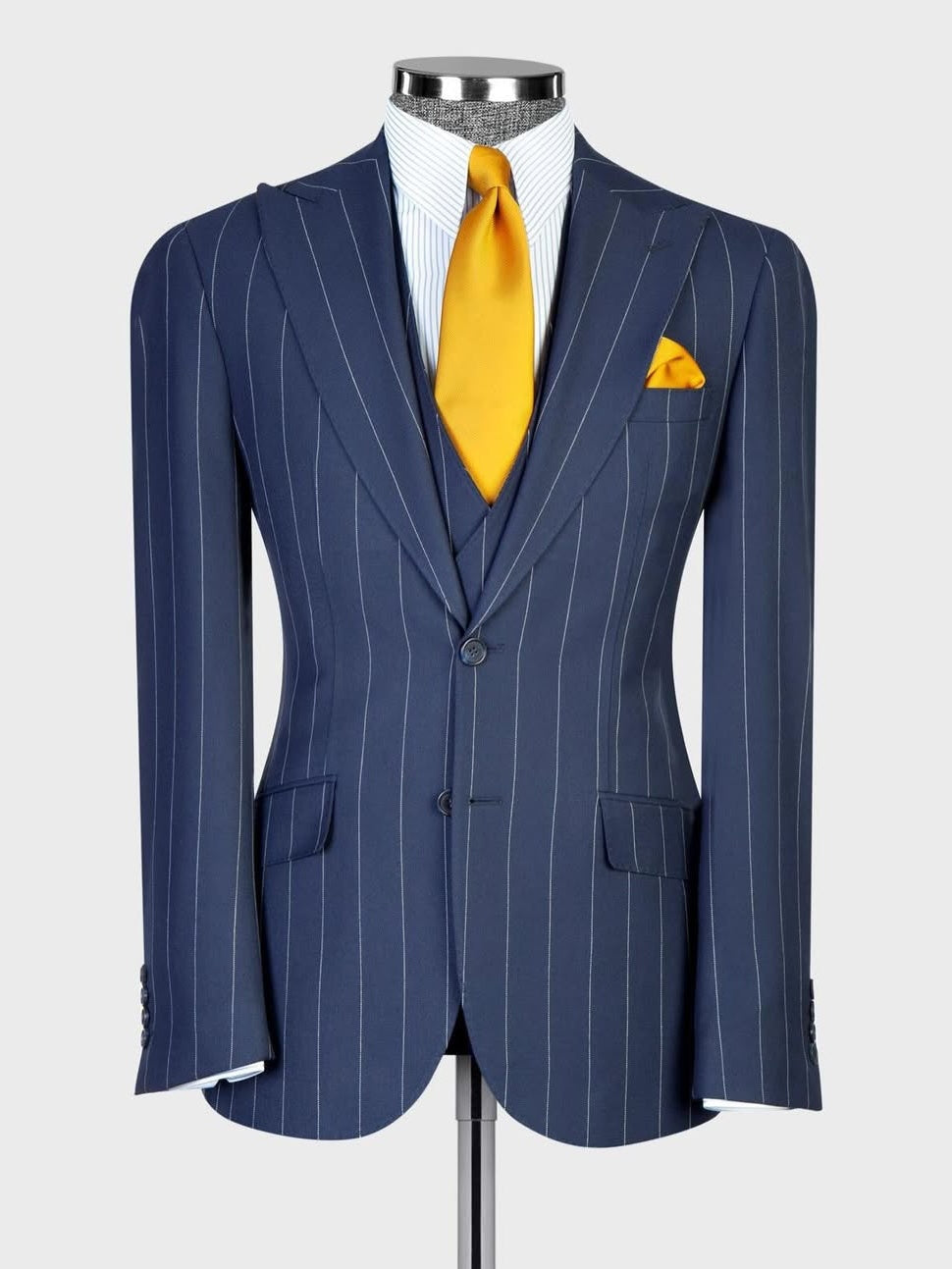 Blue Striped 3 Piece Peak Lapel Single-breasted Suit