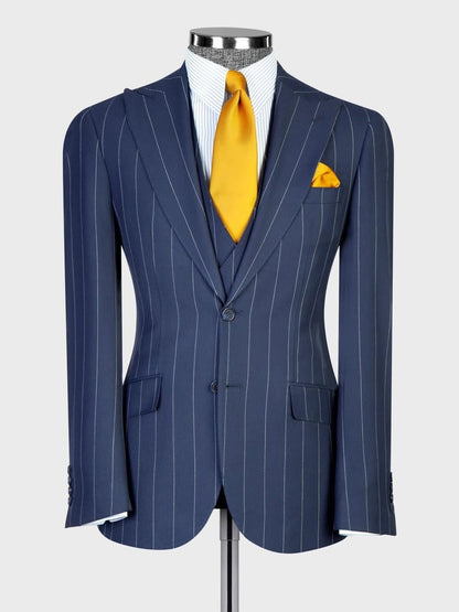 Blue Striped 3 Piece Peak Lapel Single-breasted Suit