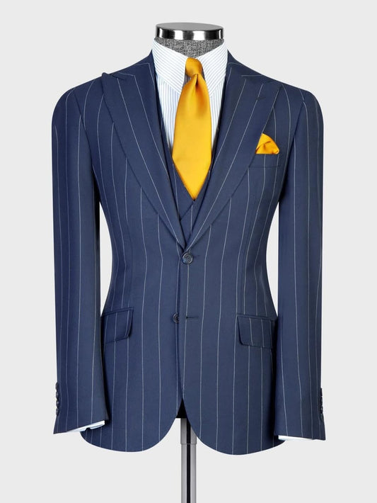 Dark Blue Striped 2-button 3-Piece Business Suit for Men