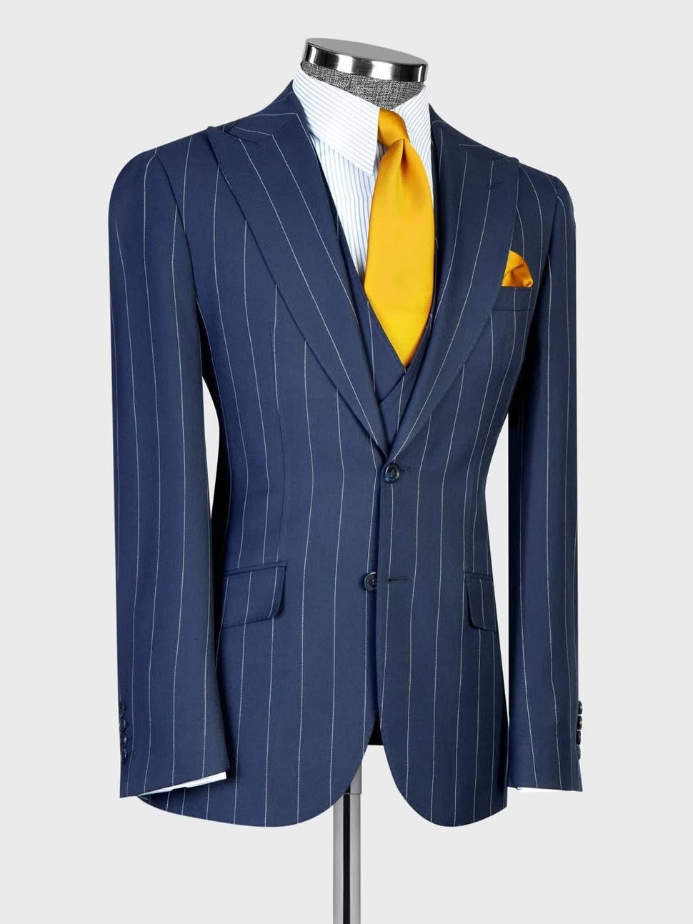 Blue Striped 3 Piece Peak Lapel Single-breasted Suit
