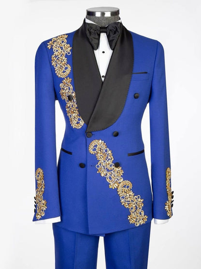 Blue Wedding Tuxedo – Gold Embroidered Formal Suit