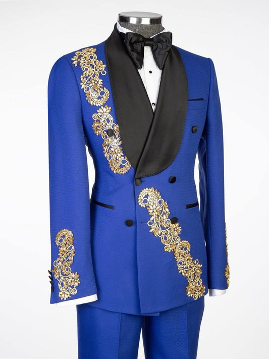 Blue Wedding Tuxedo – Gold Embroidered Formal Suit