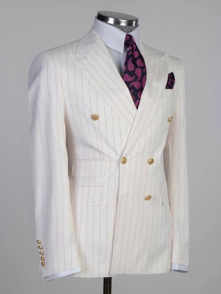 White Striped Double-breasted 2-Piece Suit for Men