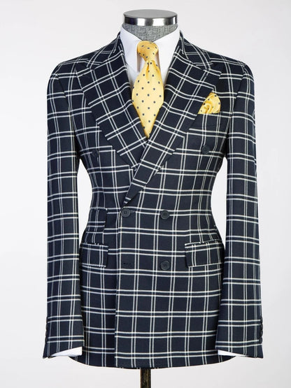 Black Plaid Double-breasted 2-Piece Suit for Men