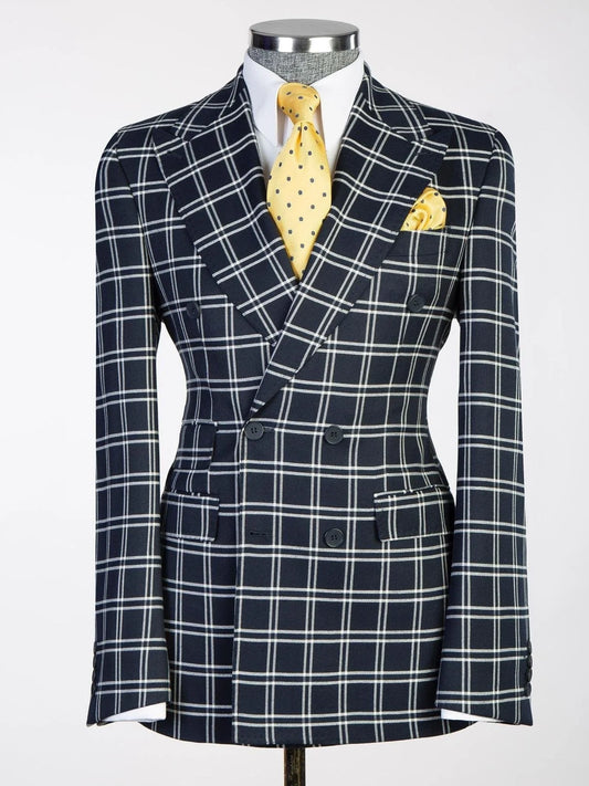 Black Plaid Double-breasted 2-Piece Suit for Men