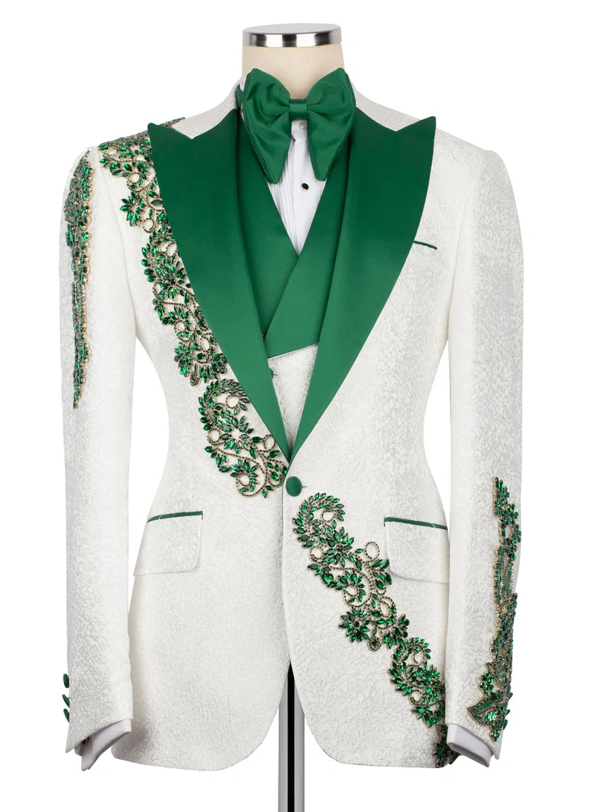 White Statement Crystal-Trim Single-Breasted Evening Tuxedo