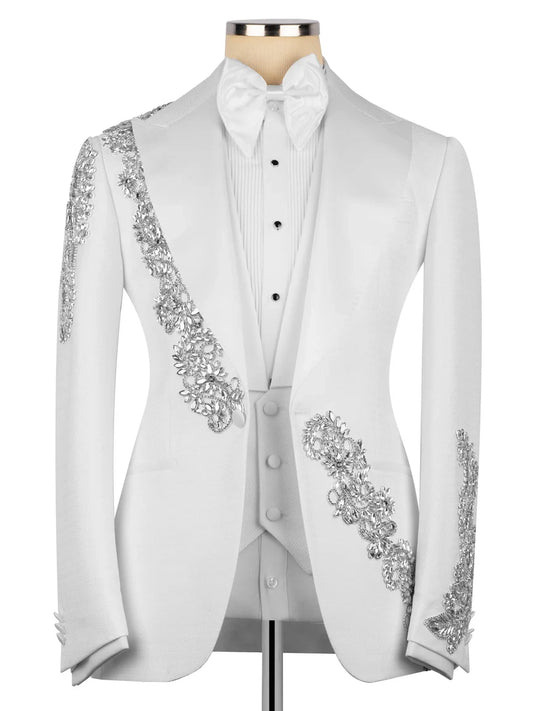 White Statement Crystal-Trim Single-Breasted Evening Tuxedo For Men