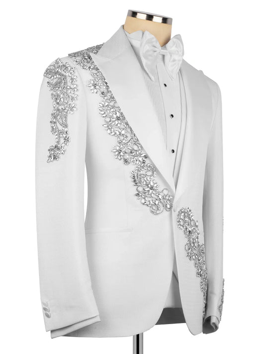 White Statement Crystal-Trim Single-Breasted Evening Tuxedo For Men