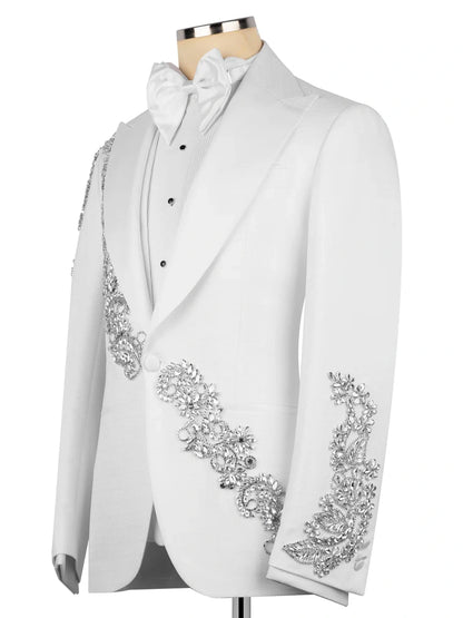 White Statement Crystal-Trim Single-Breasted Evening Tuxedo For Men