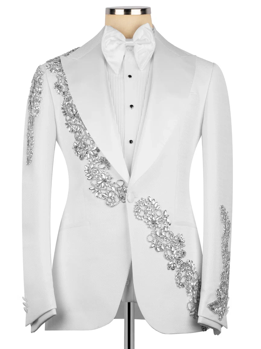White Statement Crystal-Trim Single-Breasted Evening Tuxedo For Men