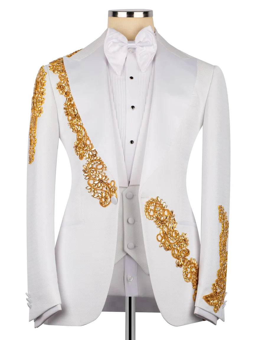 Men's White Statement Crystal-Trim Single-Breasted Evening Suit