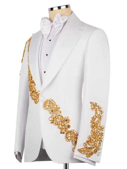 Men's White Statement Crystal-Trim Single-Breasted Evening Suit