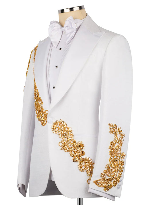 Men's White Statement Crystal-Trim Single-Breasted Evening Suit