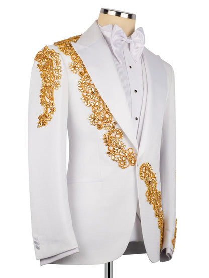 Men's White Statement Crystal-Trim Single-Breasted Evening Suit