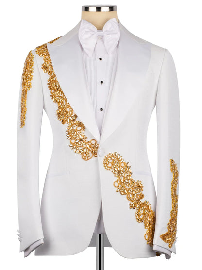 Men's White Statement Crystal-Trim Single-Breasted Evening Suit