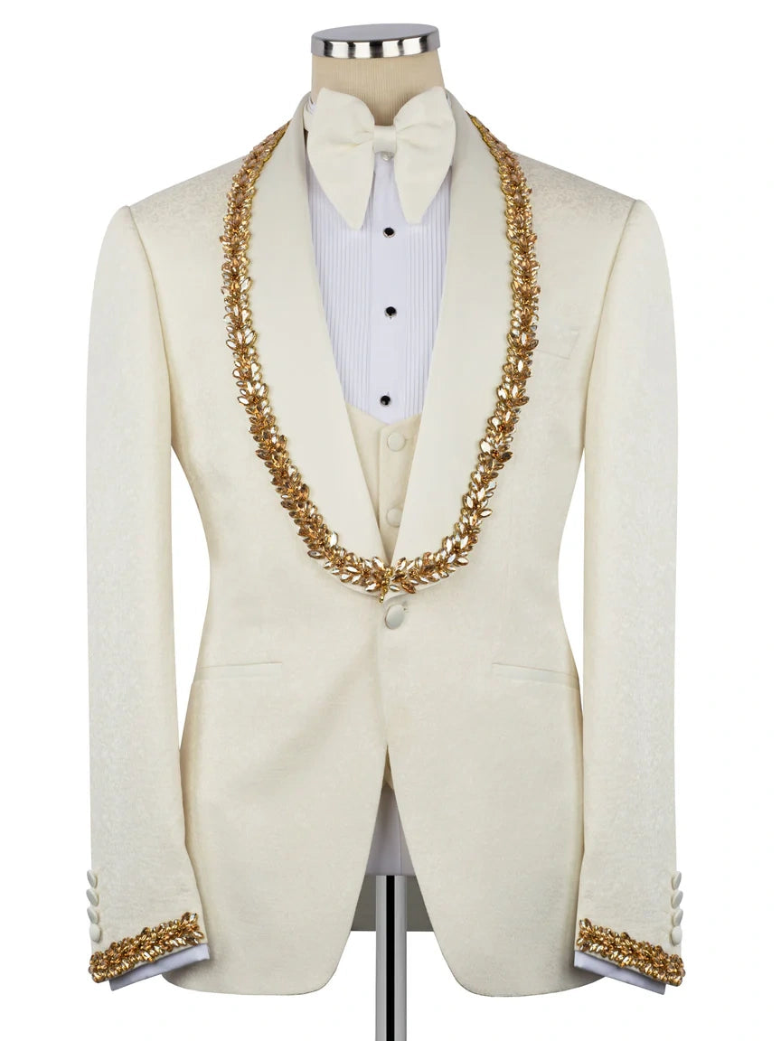 Men’s Ivory Rhinestone Shawl Lapel 3-Piece Prom Tuxedo Suit