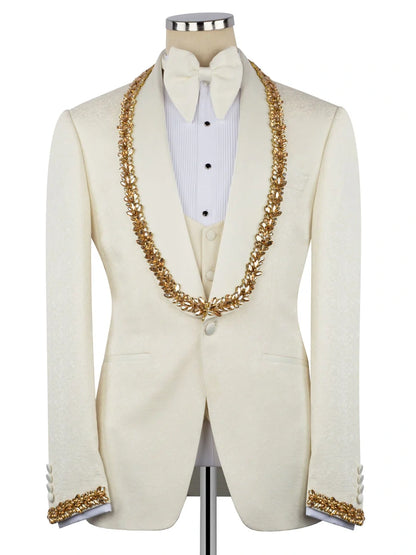 Men’s Ivory Rhinestone Shawl Lapel 3-Piece Prom Tuxedo Suit