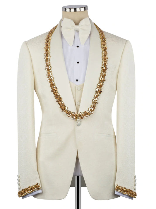 Men’s Ivory Rhinestone Shawl Lapel 3-Piece Prom Tuxedo Suit