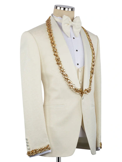 Men’s Ivory Rhinestone Shawl Lapel 3-Piece Prom Tuxedo Suit