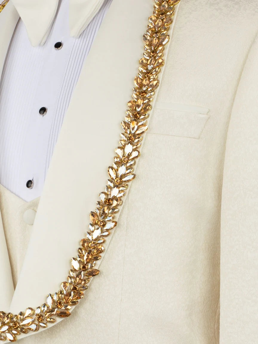 Men’s Ivory Rhinestone Shawl Lapel 3-Piece Prom Tuxedo Suit