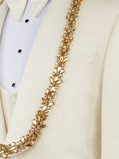 Men’s Ivory Rhinestone Shawl Lapel 3-Piece Prom Tuxedo Suit