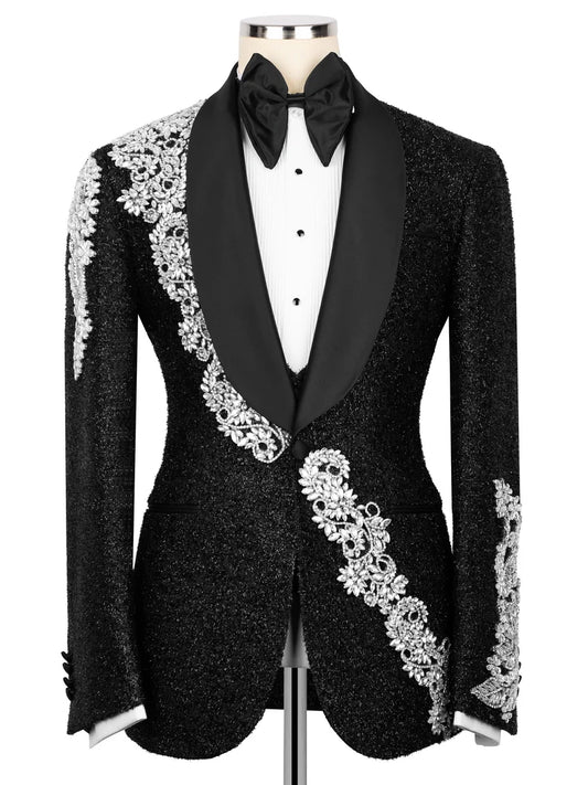 Designer Black Crystal Detail Double-Breasted Tuxedo