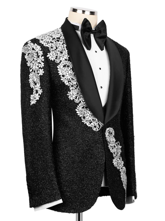 Designer Black Crystal Detail Double-Breasted Tuxedo
