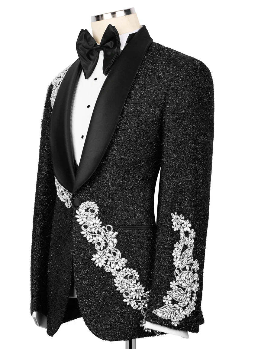 Designer Black Crystal Detail Double-Breasted Tuxedo