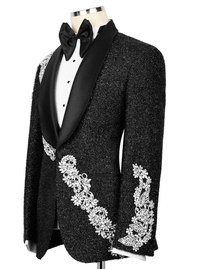 Designer Black Crystal Detail Double-Breasted Tuxedo