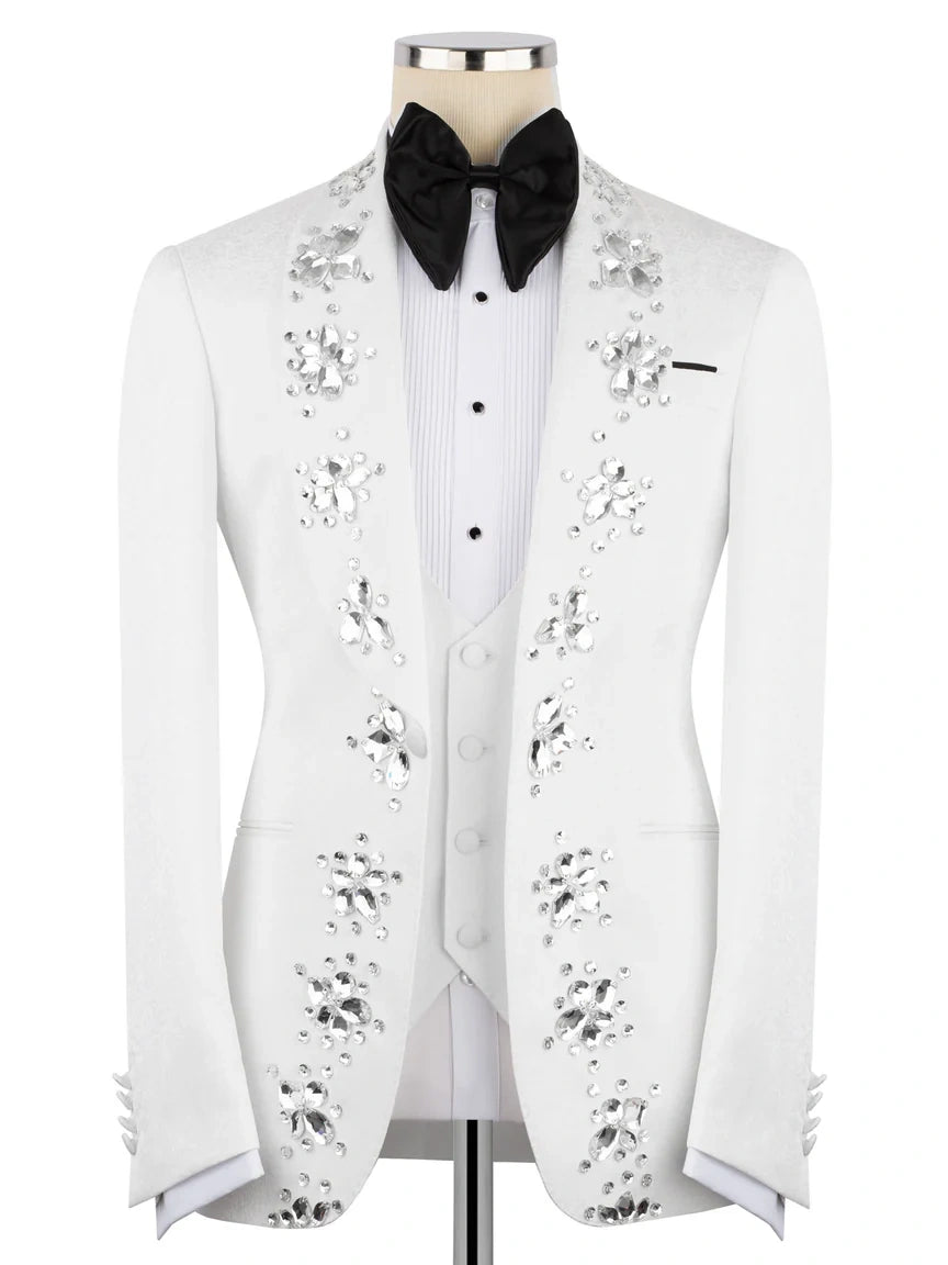 White Rhinestone Decor Single-Breasted Prom Tuxedo Suit