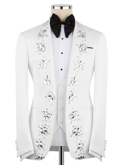 White Rhinestone Decor Single-Breasted Prom Tuxedo Suit