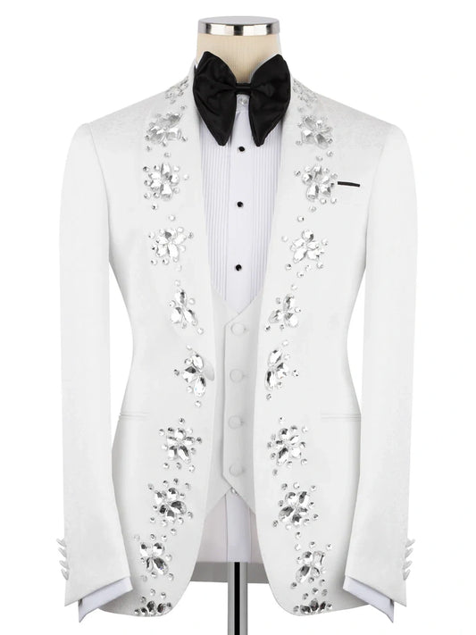 White Rhinestone Decor Single-Breasted Prom Tuxedo Suit