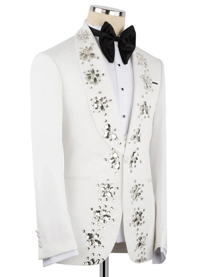 White Rhinestone Decor Single-Breasted Prom Tuxedo Suit