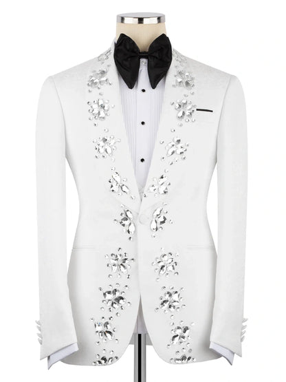 White Rhinestone Decor Single-Breasted Prom Tuxedo Suit