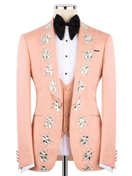 Pink Rhinestone Decor Single-Breasted Prom Tuxedo Suit