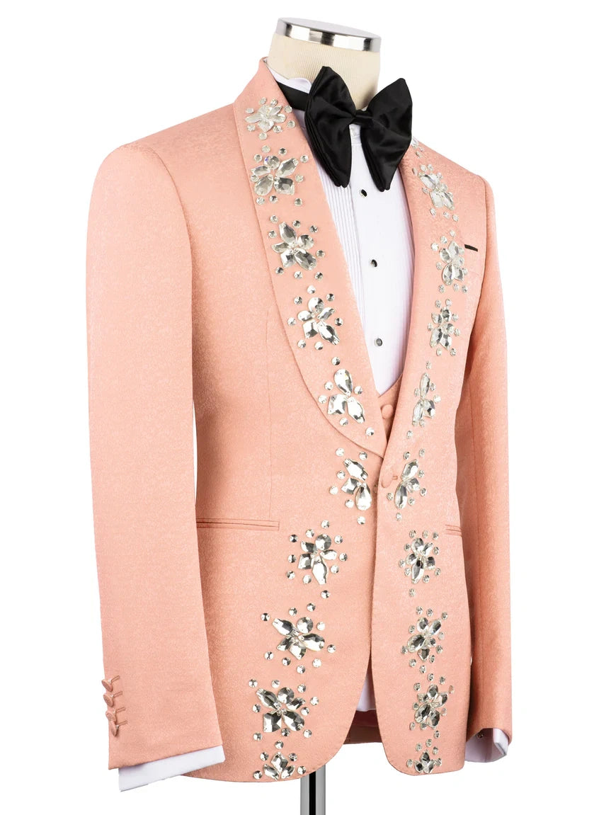 Pink Rhinestone Decor Single-Breasted Prom Tuxedo Suit