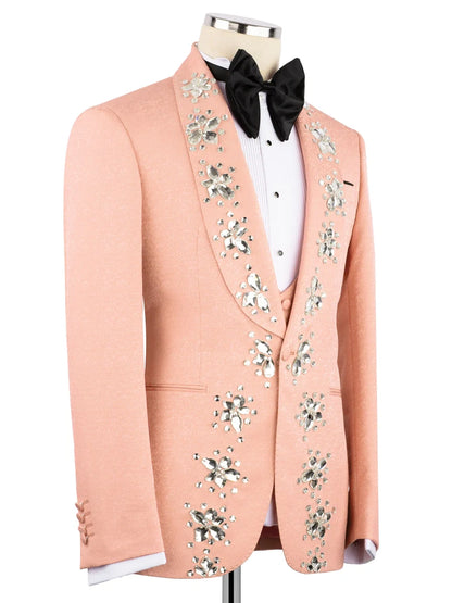 Pink Rhinestone Decor Single-Breasted Prom Tuxedo Suit