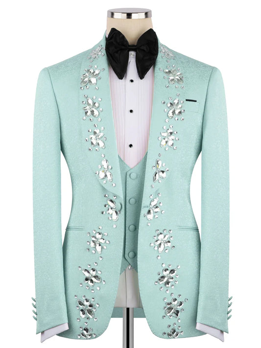 Light Green Rhinestone Decor Single-Breasted Prom Tuxedo Suit