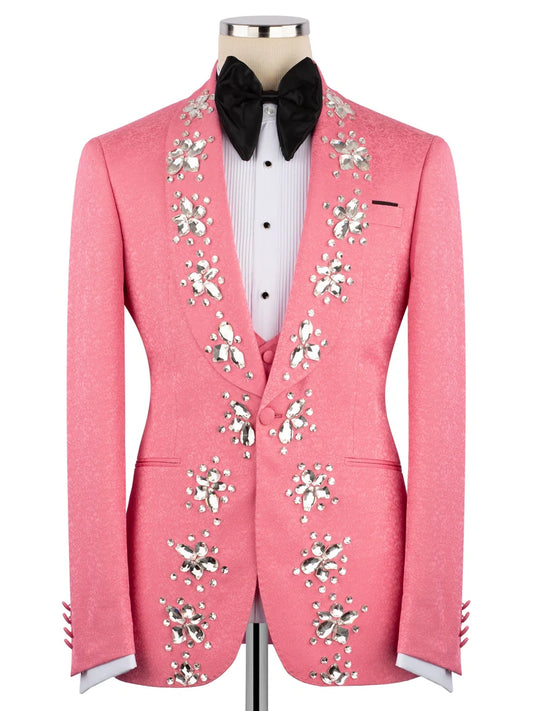 Men’s Hot Pink Crystal Embellished Prom Tuxedo Suit