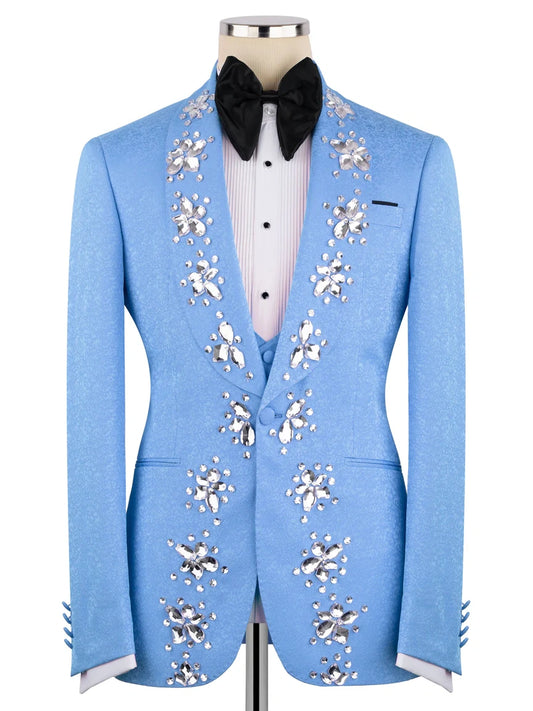 Men’s Blue Crystal Embellished Prom Tuxedo Suit