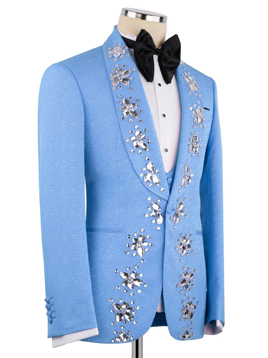 Men’s Blue Crystal Embellished Prom Tuxedo Suit