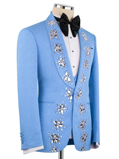 Men’s Blue Crystal Embellished Prom Tuxedo Suit