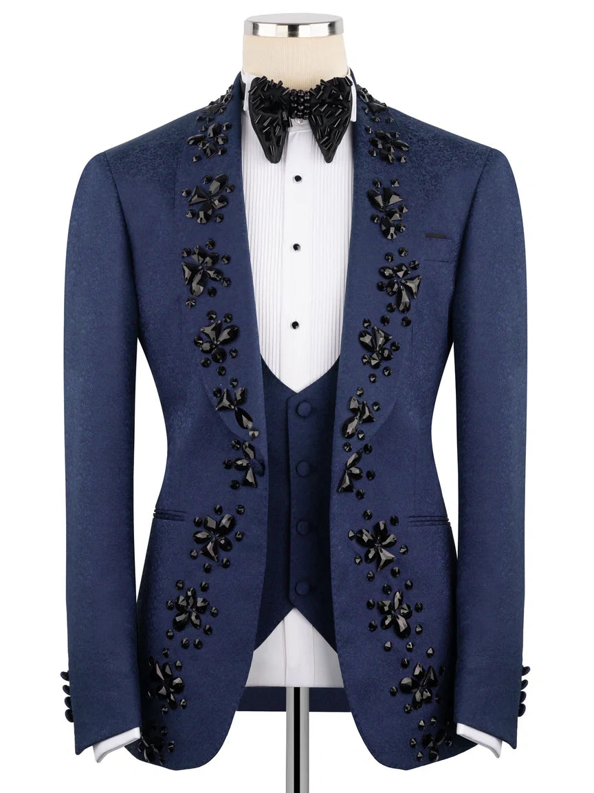 Men’s Dark Blue Crystal Embellished Prom Tuxedo Suit
