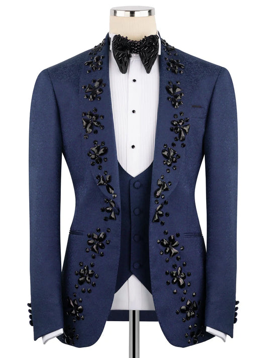 Men’s Dark Blue Crystal Embellished Prom Tuxedo Suit