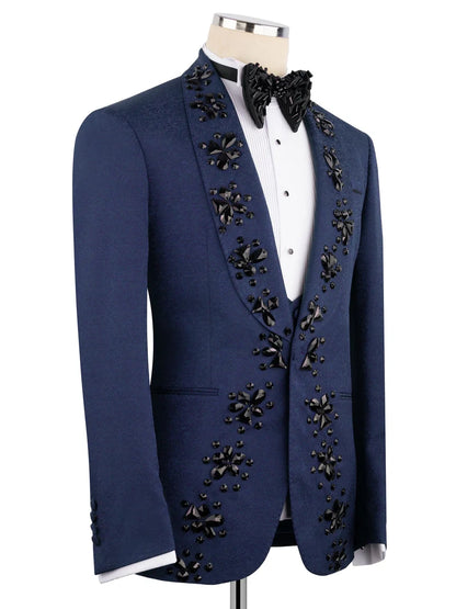 Men’s Dark Blue Crystal Embellished Prom Tuxedo Suit