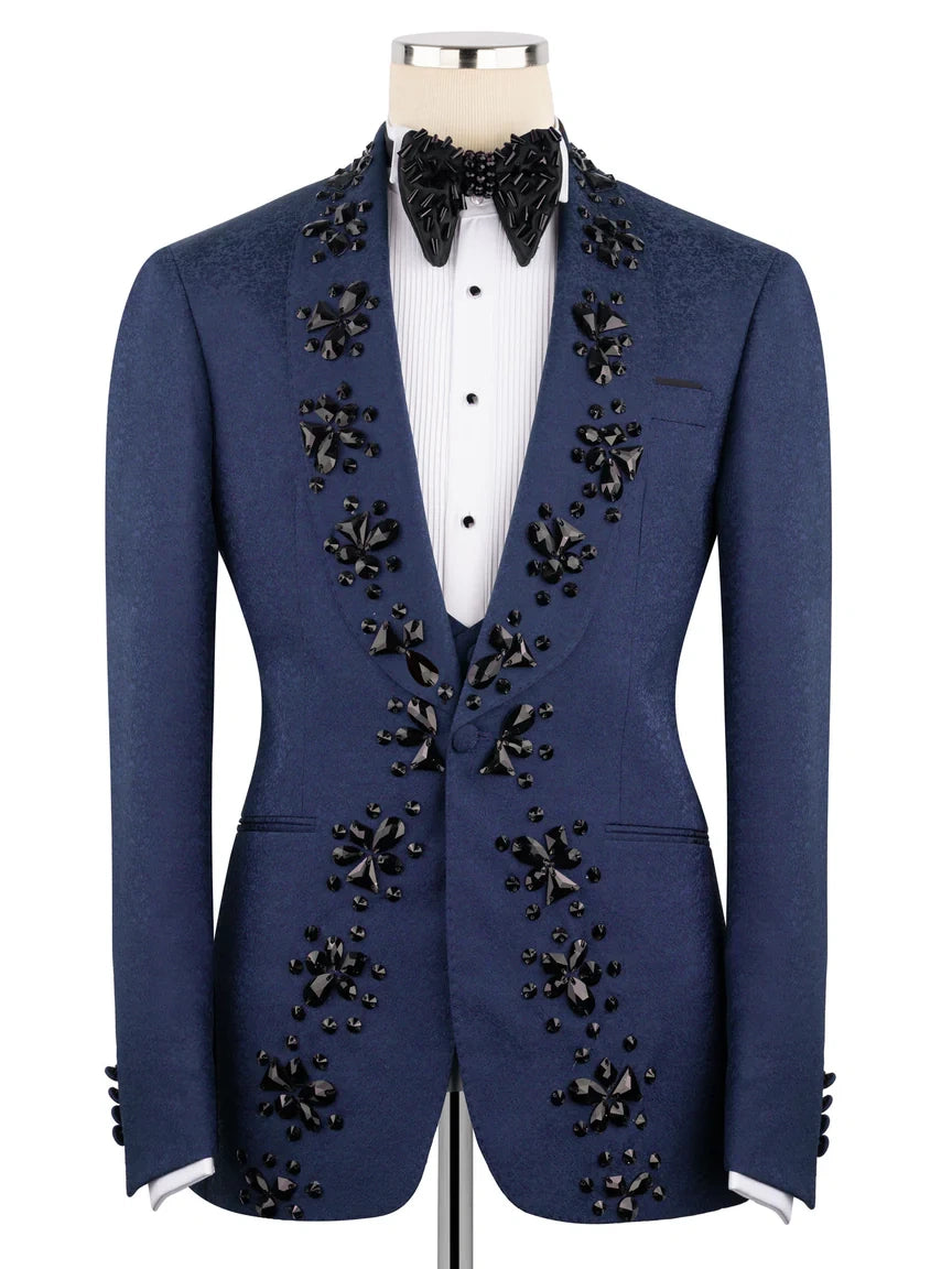 Men’s Dark Blue Crystal Embellished Prom Tuxedo Suit