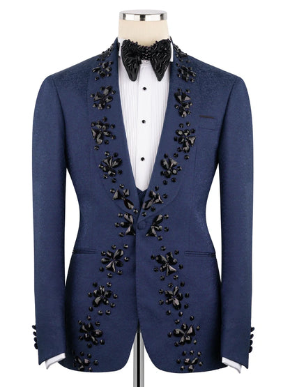 Men’s Dark Blue Crystal Embellished Prom Tuxedo Suit